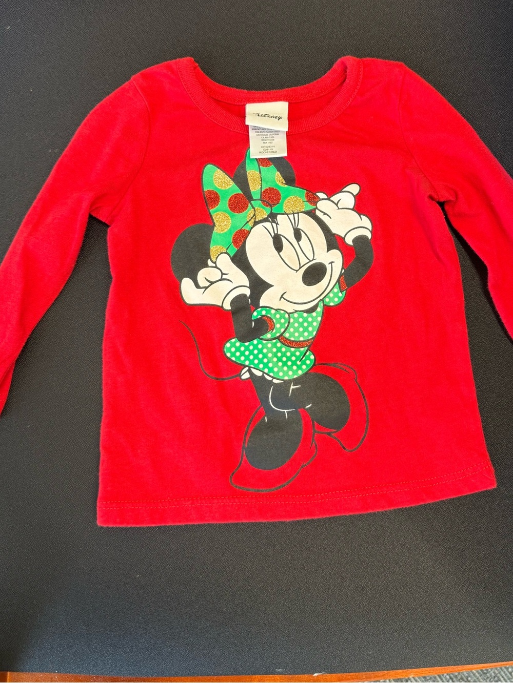 Disney Red Long Sleeve Minnie Graphic Top with Green Accents